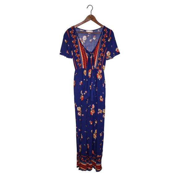 Band Of Gypsies Floral Jumpsuit Pantsuit Boho Hippie Resort Blue Brown - Picture 1 of 4